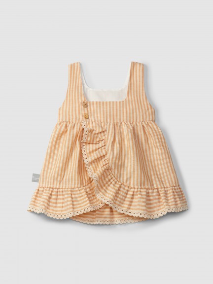 Vestido en tejido a rayas con detalle de bordado inglés Vestido en tejido a rayas con detalle de bordado inglés