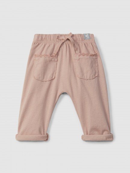 Plain jersey pull-up pants with embroidered details