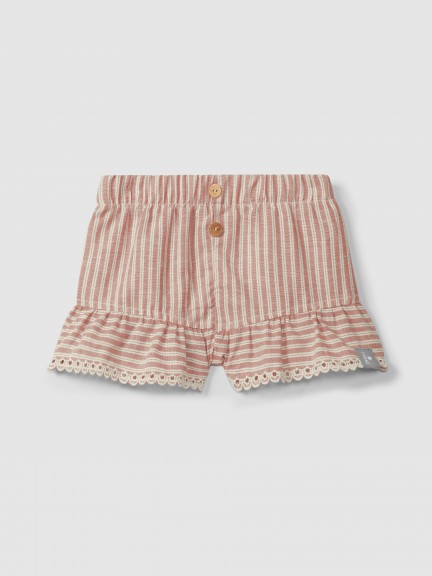 Cal��es pull-up em tecido de riscas e detalhe de bordado ingl�s