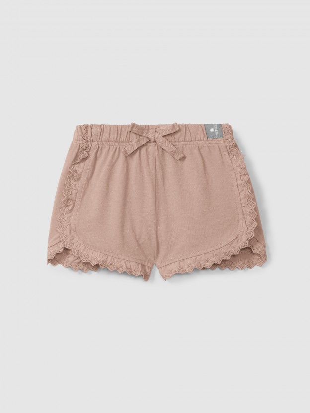 Plain jersey pull-up shorts with embroidered details Plain jersey pull-up shorts with embroidered details