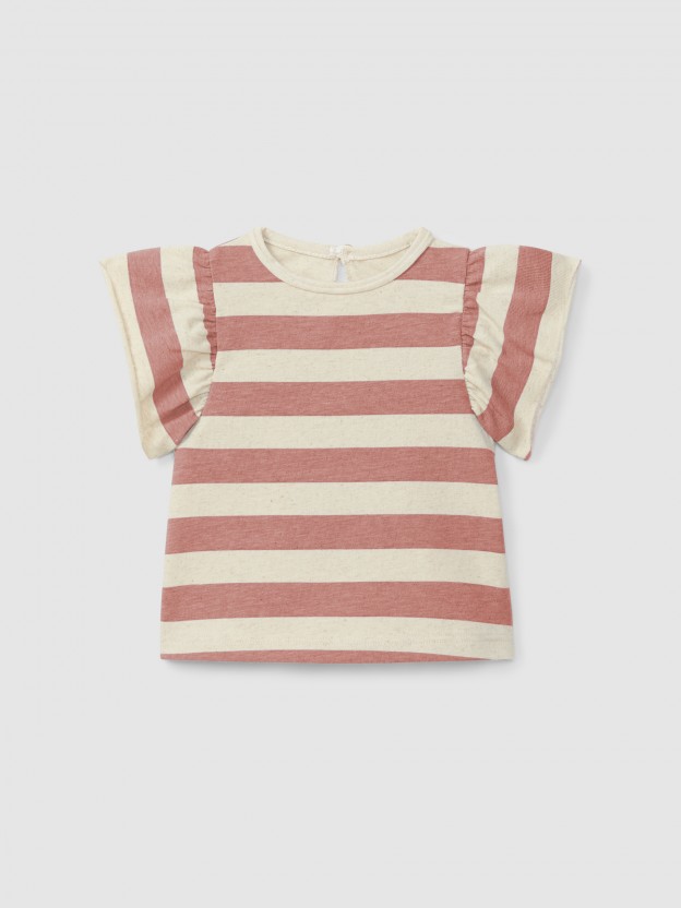 T-shirt de riscas mangas de folho T-shirt de riscas mangas de folho
