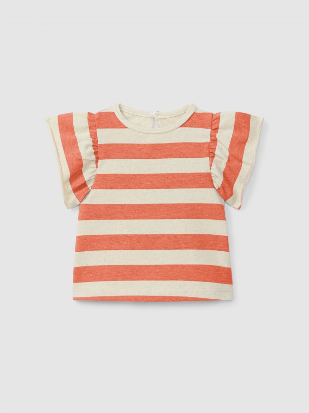 T-shirt de riscas mangas de folho T-shirt de riscas mangas de folho