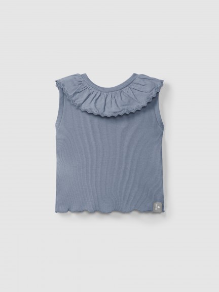Singlet em malha canelada com gola bordado ingl�s