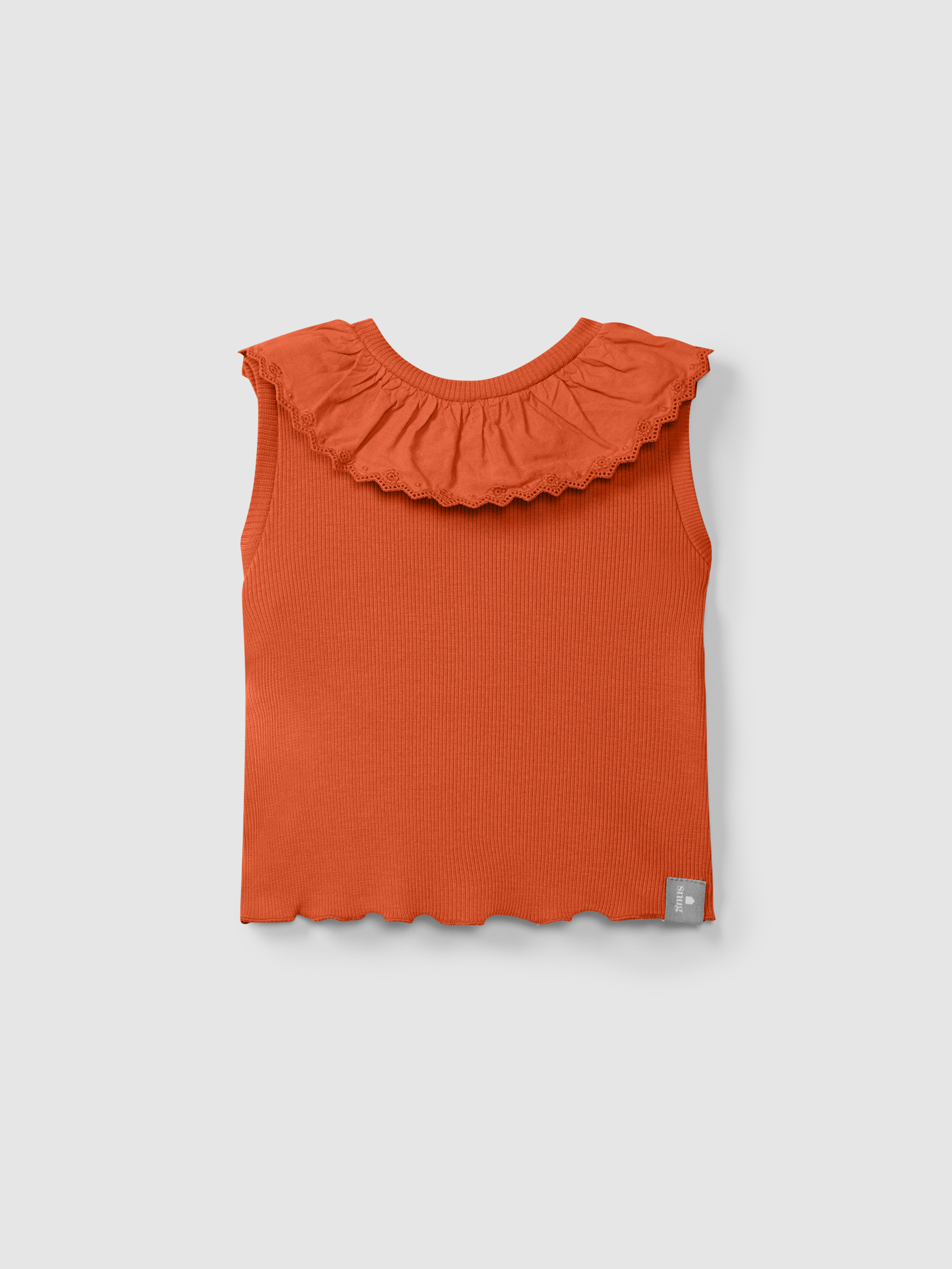 Camiseta sin mangas en punto acanalado con cuello bordado inglés