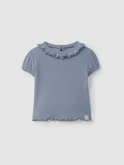 T-shirt in ribbed jersey and English embroidery collar