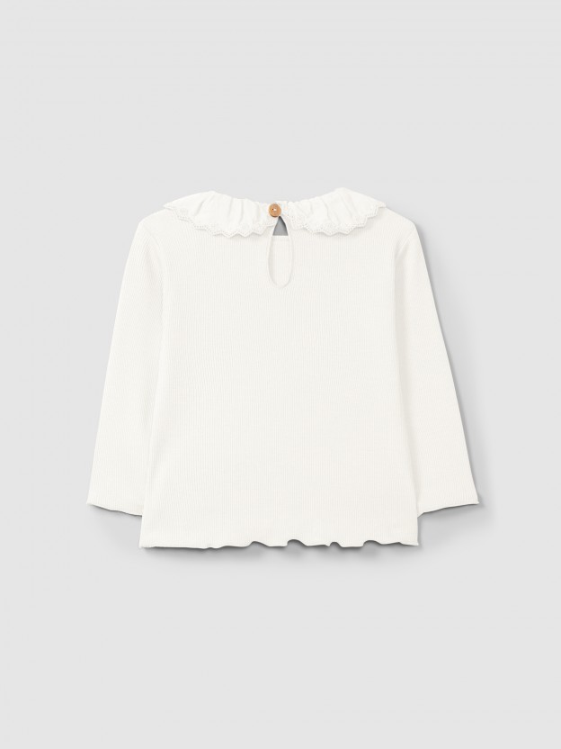 Longsleeve en maille cannel�e � col en broderie anglaise