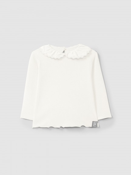 Longsleeve in ribbed jersey with English embroidery collar Longsleeve in ribbed jersey with English embroidery collar