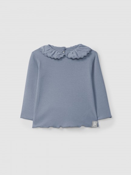 Longsleeve in ribbed jersey with English embroidery collar Longsleeve in ribbed jersey with English embroidery collar
