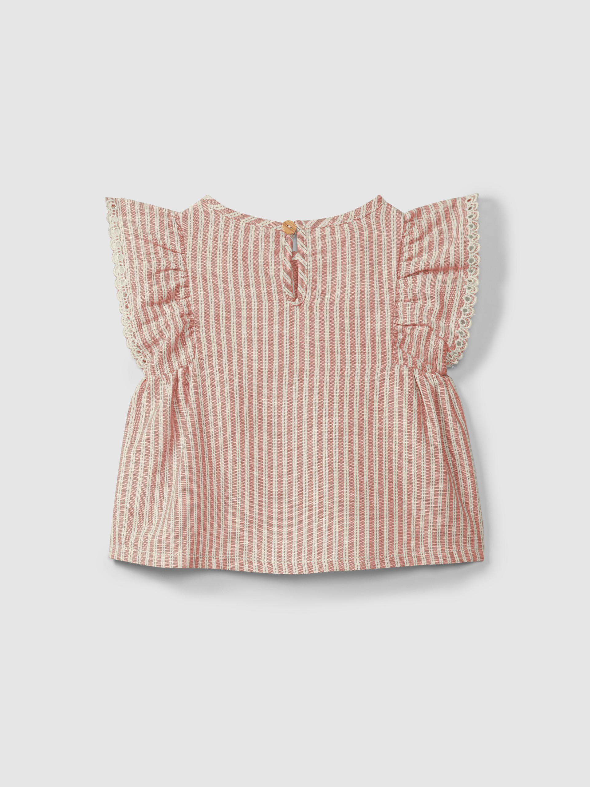 Blusa em tecido de riscas e detalhe de bordado inglês