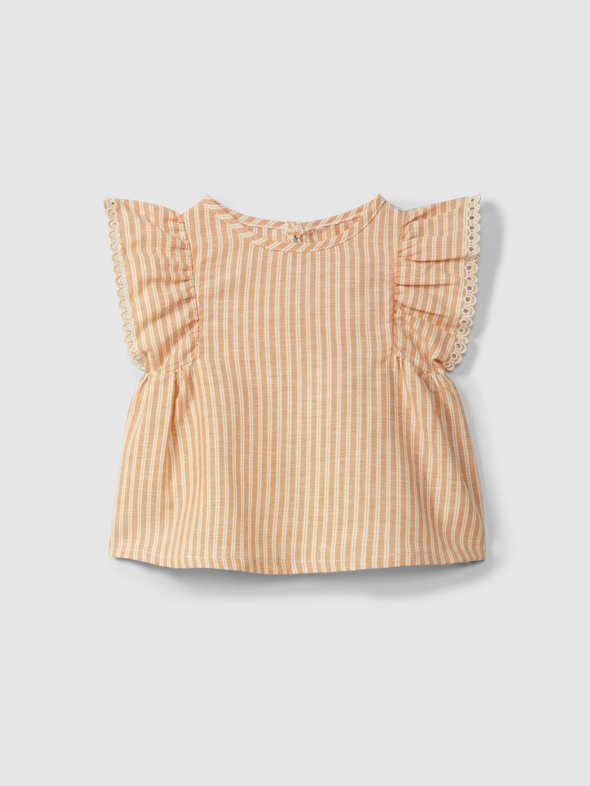 Blusa em tecido de riscas e detalhe de bordado inglês