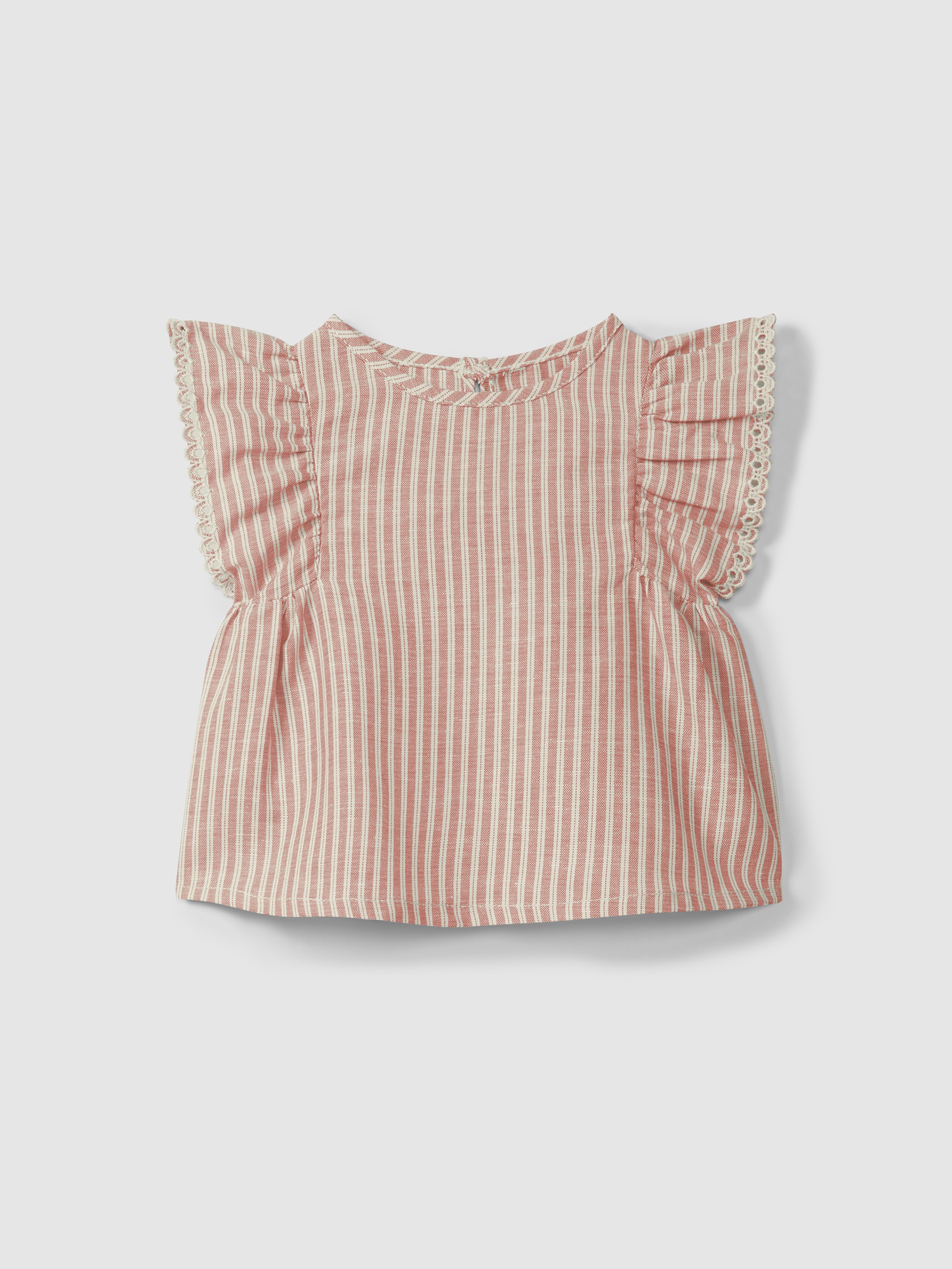 Blusa em tecido de riscas e detalhe de bordado inglês