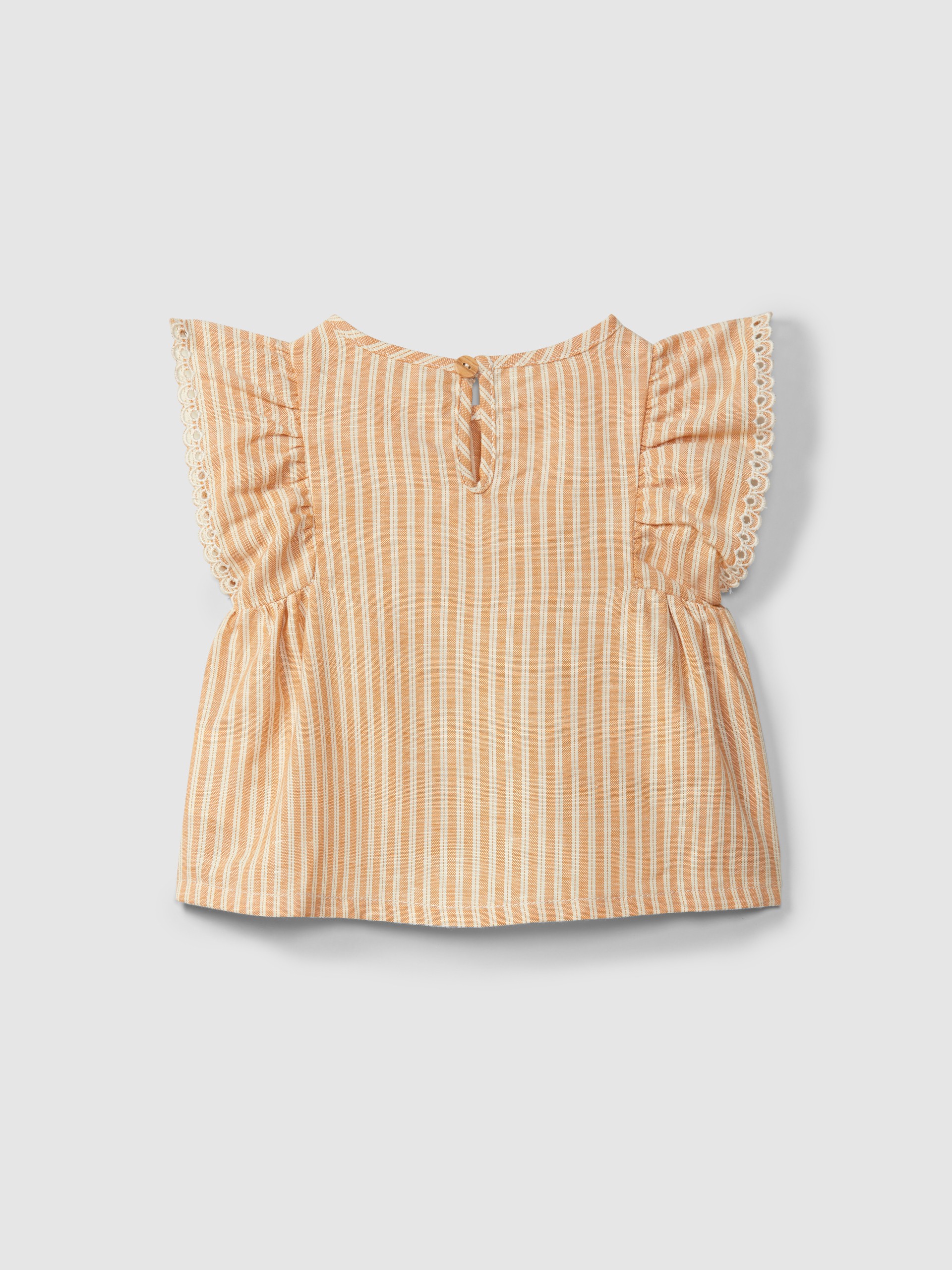 Blusa em tecido de riscas e detalhe de bordado inglês