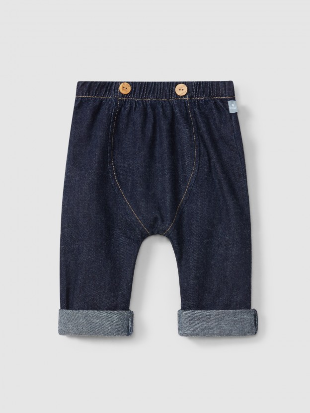 Calças pull-up em denim de algodão orgânico Calças pull-up em denim de algodão orgânico