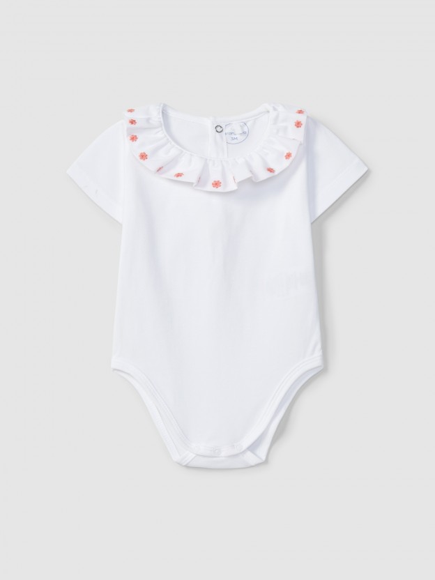 Bodysuit ruffled collar with embroidered flowers detail