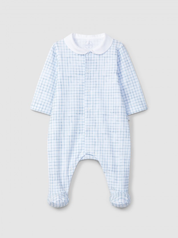 Babygrow round collar checkered jersey Babygrow round collar checkered jersey