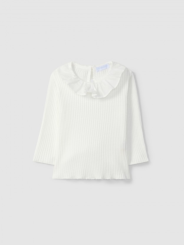 Longsleeve com gola de folho em malha ajour Longsleeve com gola de folho em malha ajour