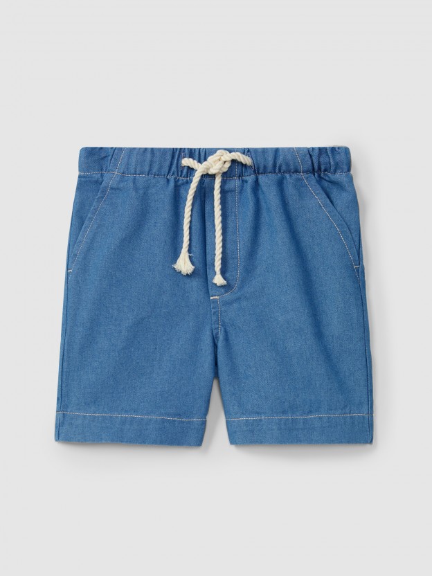 Thin denim three-pocket pull-up shorts