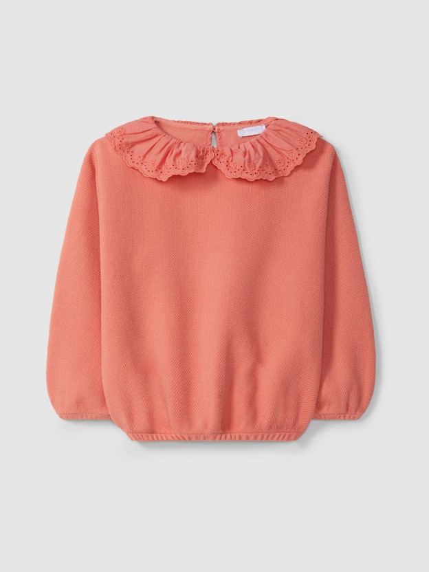 Sweatshirt en piqué à col à volant en broderie anglaise Sweatshirt en piqué à col à volant en broderie anglaise