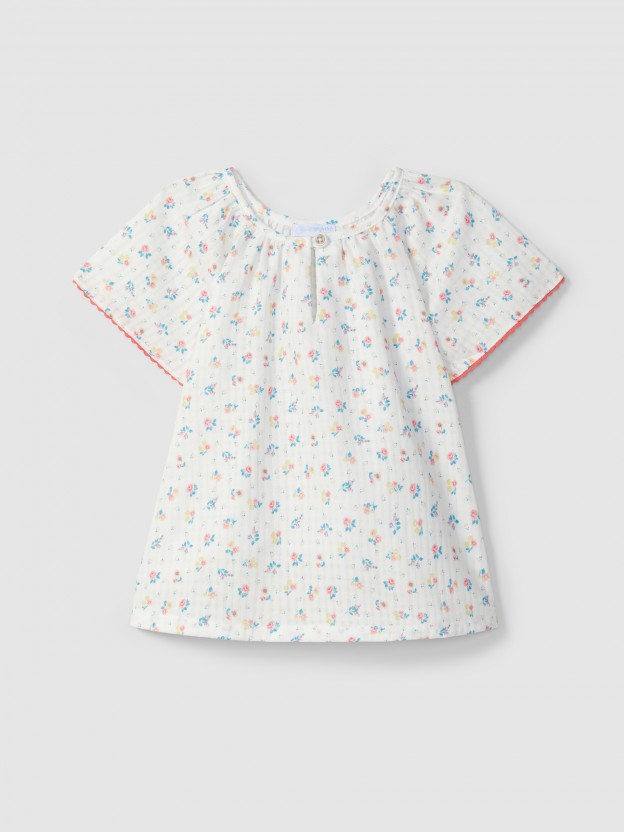Blouse imprim� fleuri avec d�tails de couleur en contraste