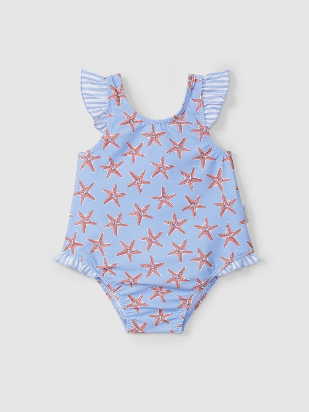 Maillot de bain �toiles de mer et d�tail de volant � rayures