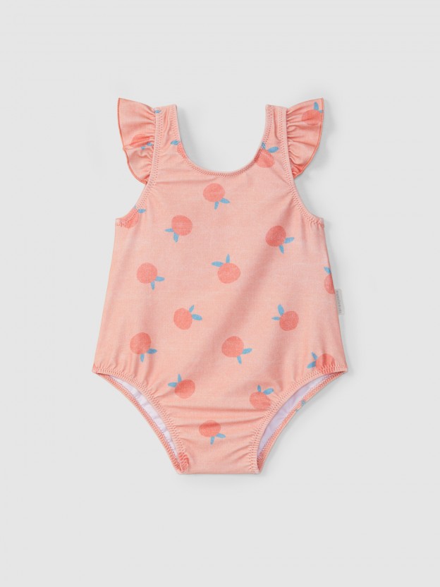 Maillot de bain avec imprimé de pommes et détail de volant Maillot de bain avec imprimé de pommes et détail de volant
