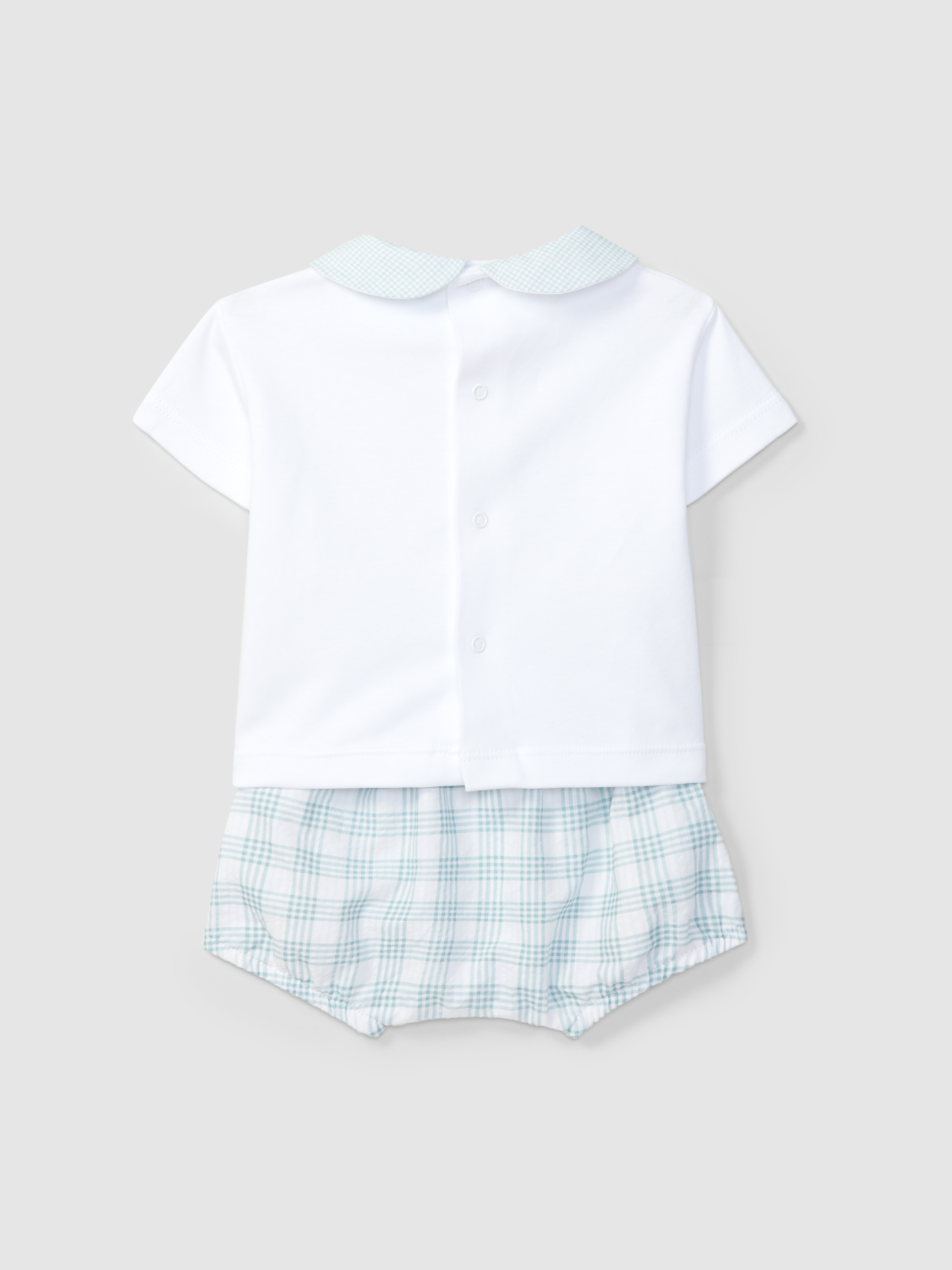 Two-piece set checked seersucker and embroidery on chest