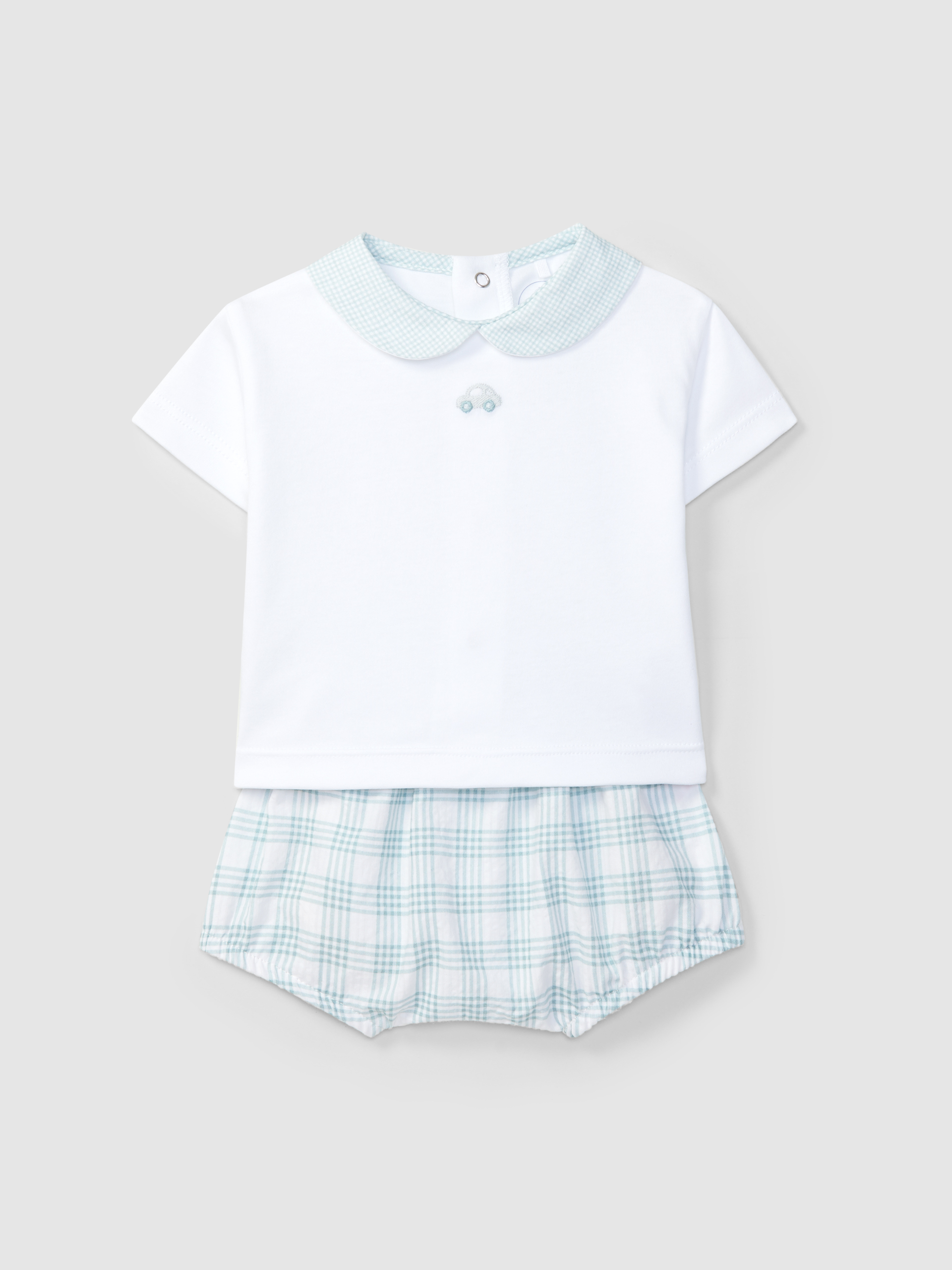 Two-piece set checked seersucker and embroidery on chest