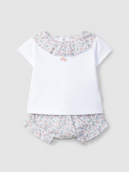 Conjunto de duas pe�as flores seersucker e bordado no peito
