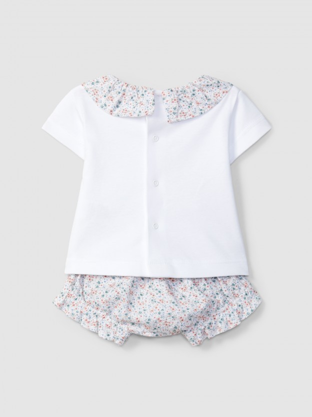 Conjunto de duas peças flores seersucker e bordado no peito Conjunto de duas peças flores seersucker e bordado no peito