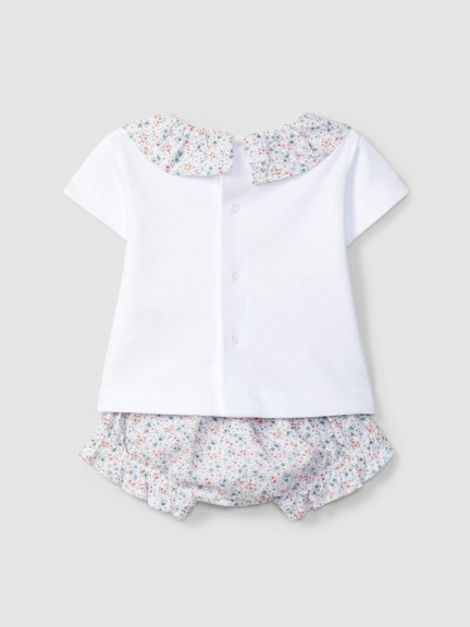 Conjunto de duas peças flores seersucker e bordado no peito Conjunto de duas peças flores seersucker e bordado no peito