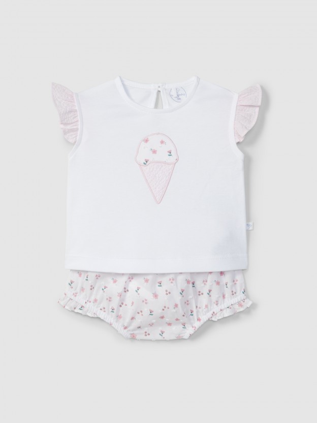 Conjunto de duas pe�as plumeti floral e bordado