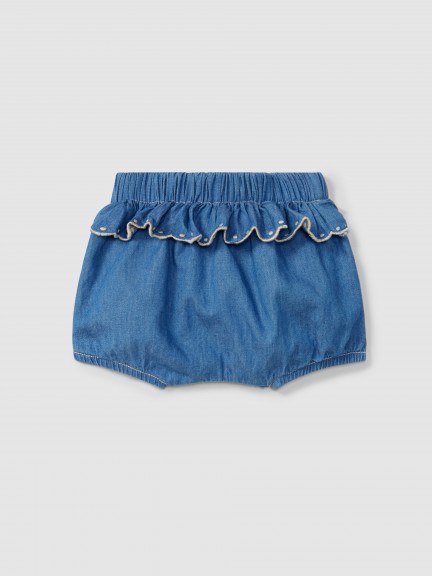 Thin denim pull-up shorts with embroidered details Thin denim pull-up shorts with embroidered details