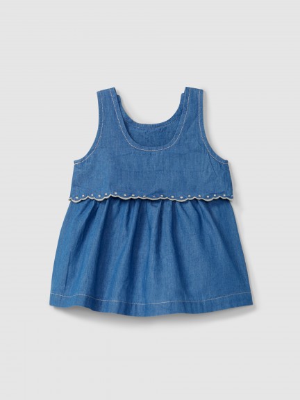 Vestido em ganga fina com detalhes bordados Vestido em ganga fina com detalhes bordados