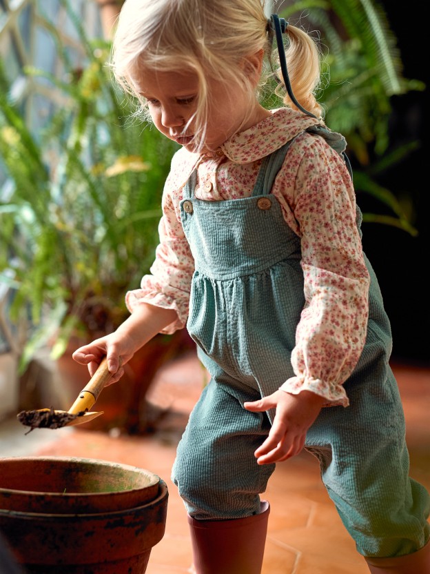 Corduroy dungarees with ruffled detail Corduroy dungarees with ruffled detail