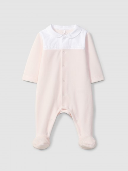 Velvet babygrow with embroidered ribbon detail Velvet babygrow with embroidered ribbon detail