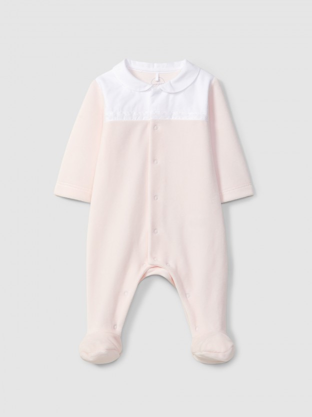Velvet babygrow with embroidered ribbon detail Velvet babygrow with embroidered ribbon detail