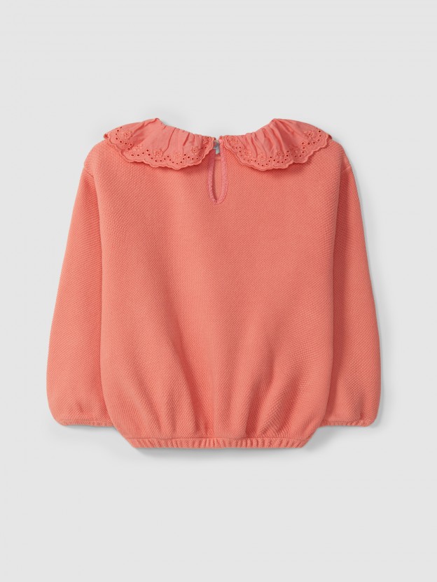 Sweatshirt en piqué à col à volant en broderie anglaise Sweatshirt en piqué à col à volant en broderie anglaise