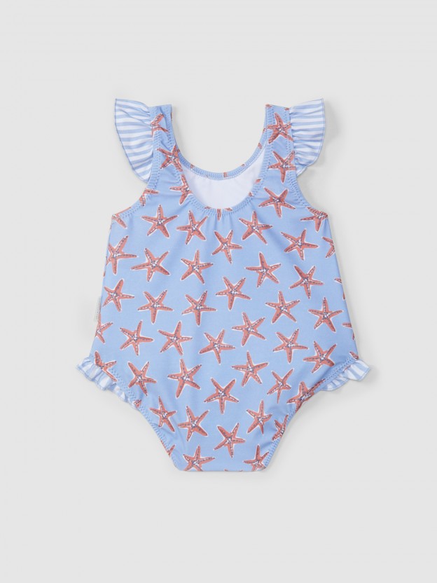 Maillot de bain �toiles de mer et d�tail de volant � rayures