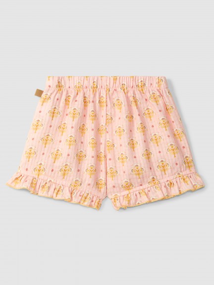 Calções pull-up estampado floral com detalhe de folho Calções pull-up estampado floral com detalhe de folho