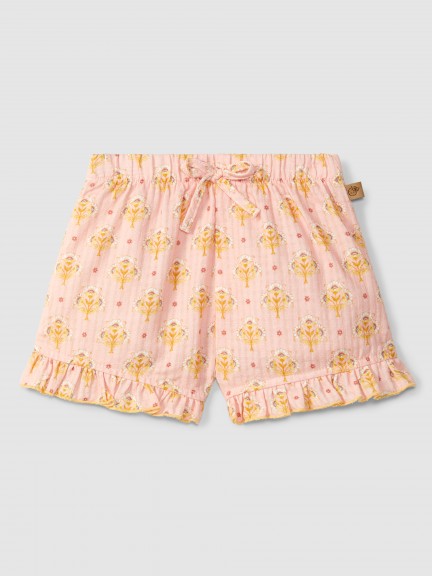Floral print pull-up shorts with ruffled detail