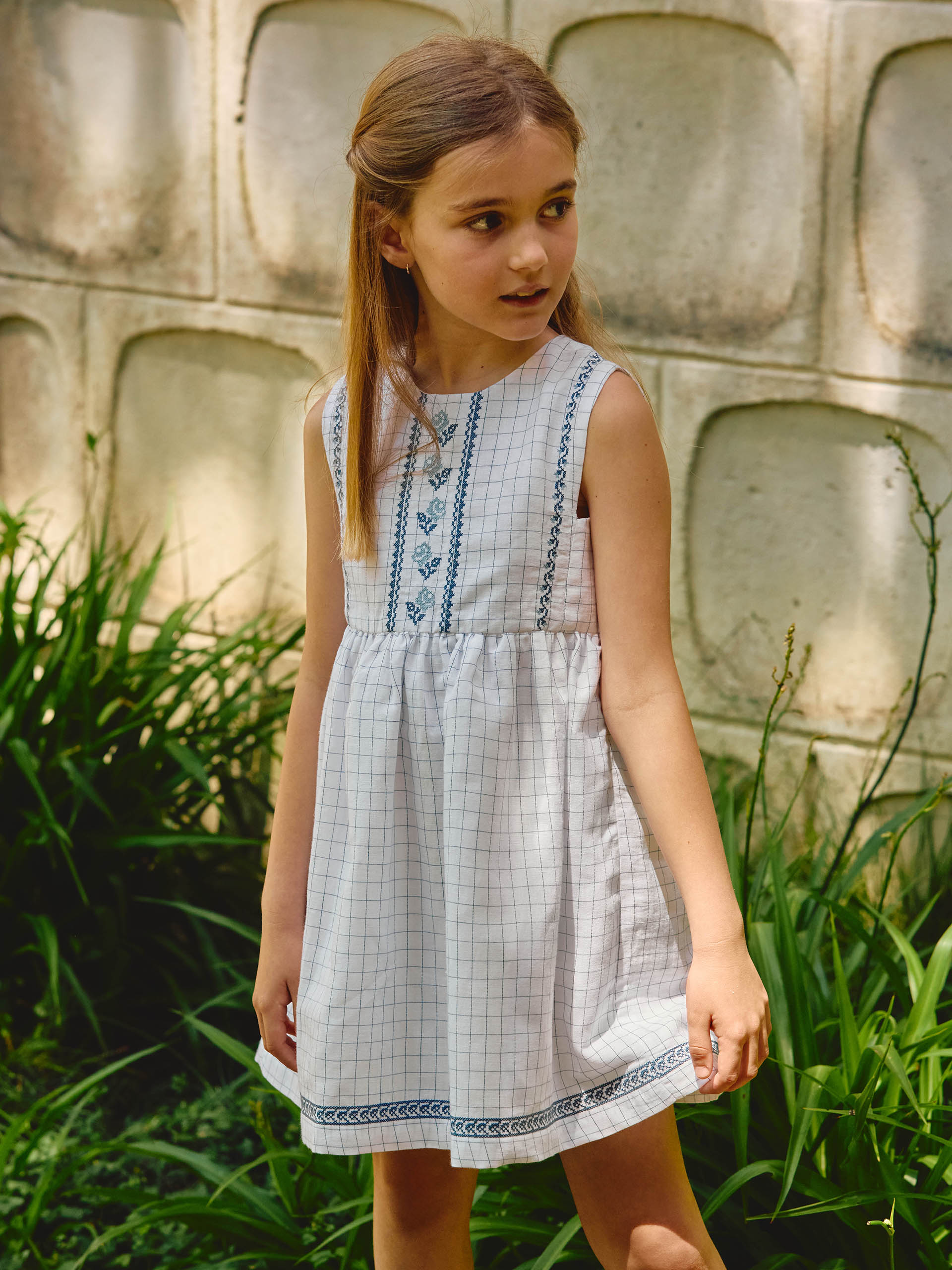 Checkered fabric dress with cross stitch embroidery