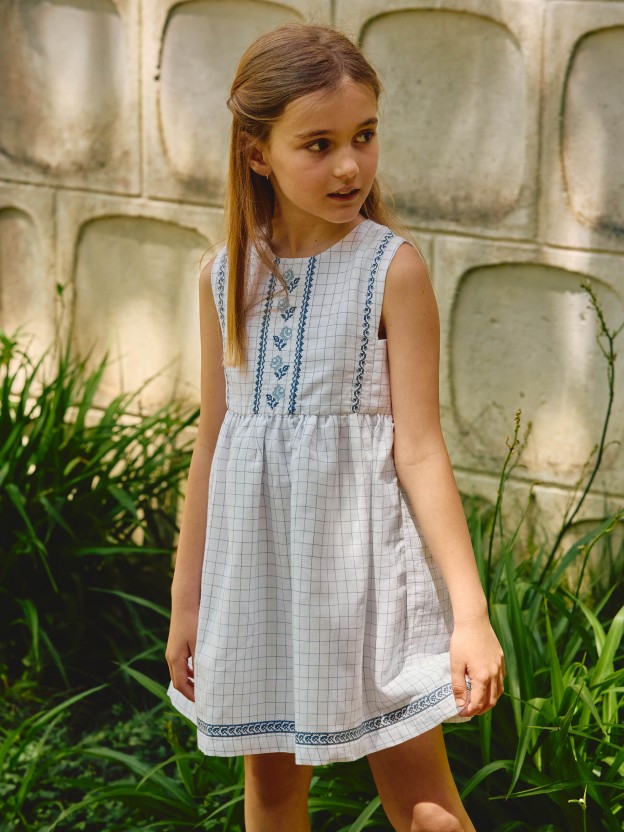 Checkered fabric dress with cross stitch embroidery