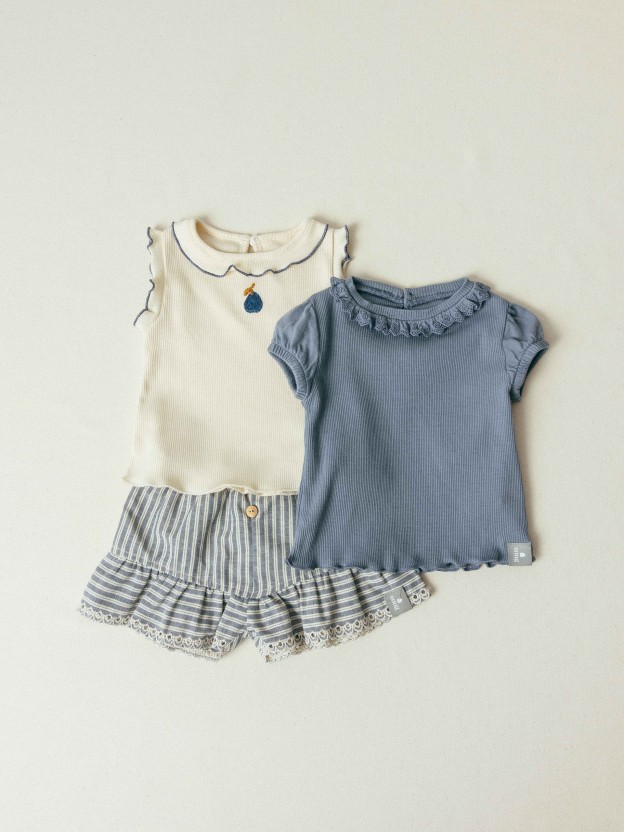 T-shirt in ribbed jersey and English embroidery collar T-shirt in ribbed jersey and English embroidery collar