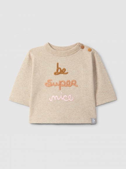 Camiseta de manga larga en algodón con bordado "be super nice" Camiseta de manga larga en algodón con bordado "be super nice"