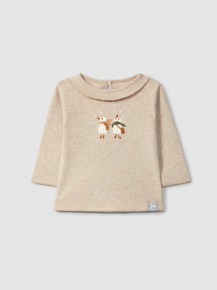 Longsleeve em algod�o com bordado em fio de l�