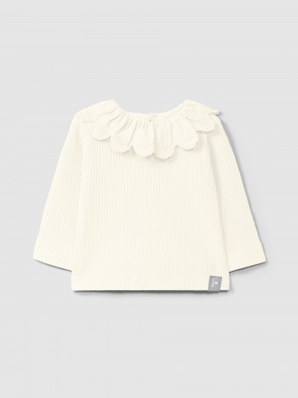 Camiseta de manga larga en punto acanalado con cuello de bordado ingl�s