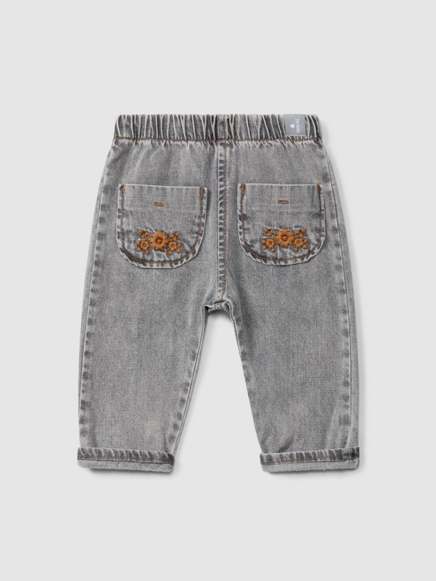 Organic cotton denim pull-up pants with embroidery detail Organic cotton denim pull-up pants with embroidery detail