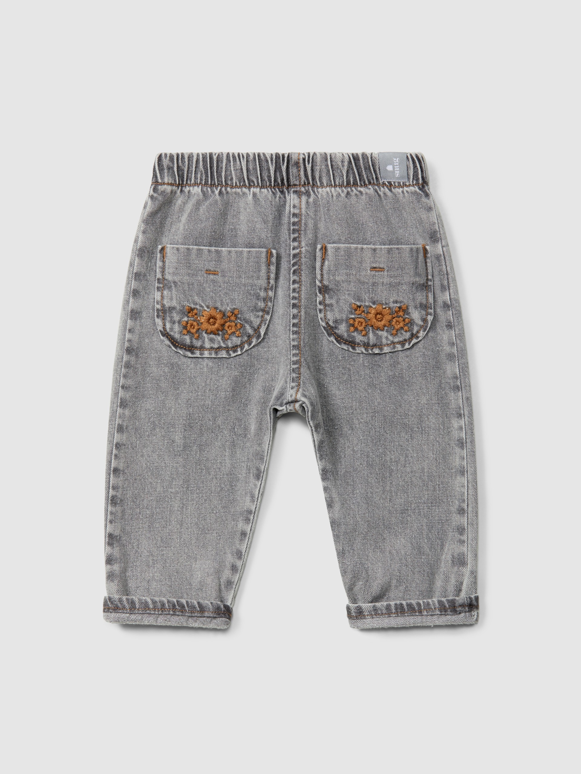 Organic cotton denim pull-up pants with embroidery detail