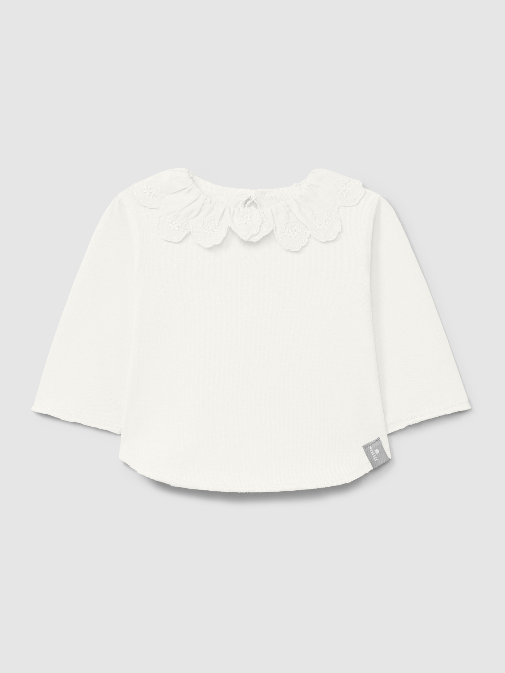 Camiseta de manga larga con cuello de volante en bordado inglés en algodón orgánico
