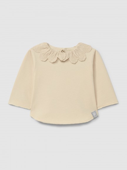 Camiseta de manga larga con cuello de volante en bordado ingl�s en algod�n org�nico
